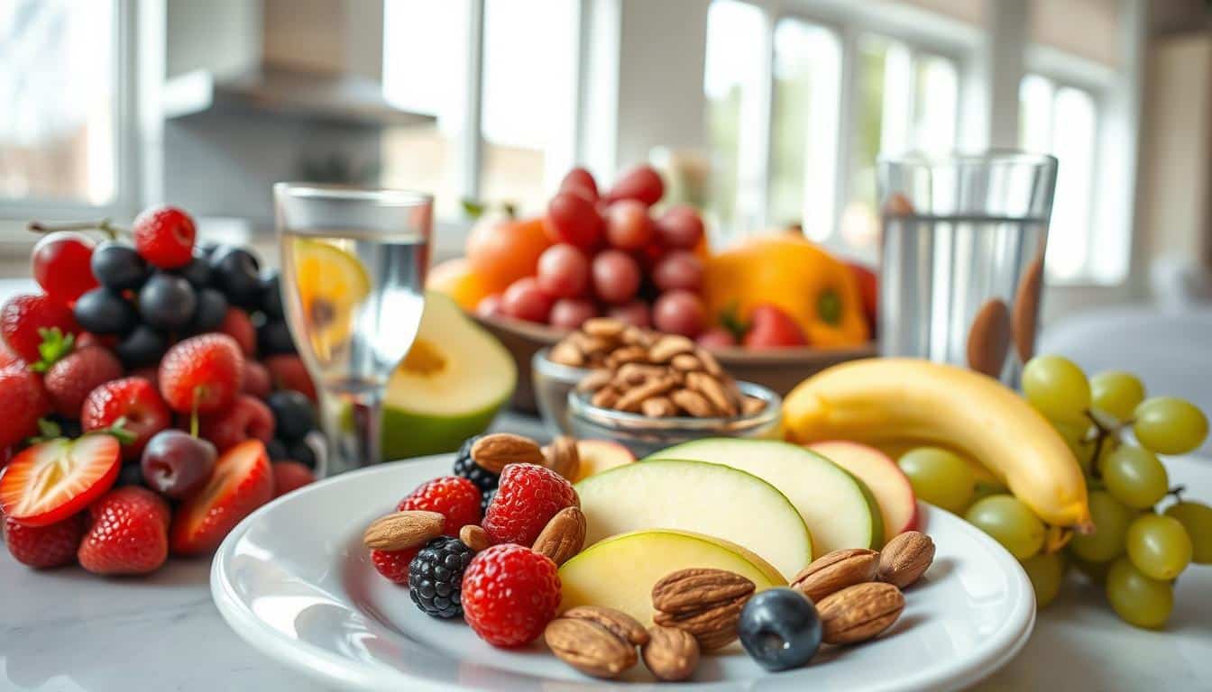 A plate with fresh fruits, nuts, and a glass of water, showcasing healthy snack for adolescent