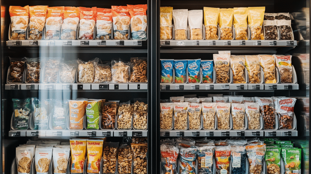 Healthy vending machine stocked with packaged snacks including mixed nuts, dried fruits, granola, veggie chips, protein snacks, and trail mix in colorful packaging.