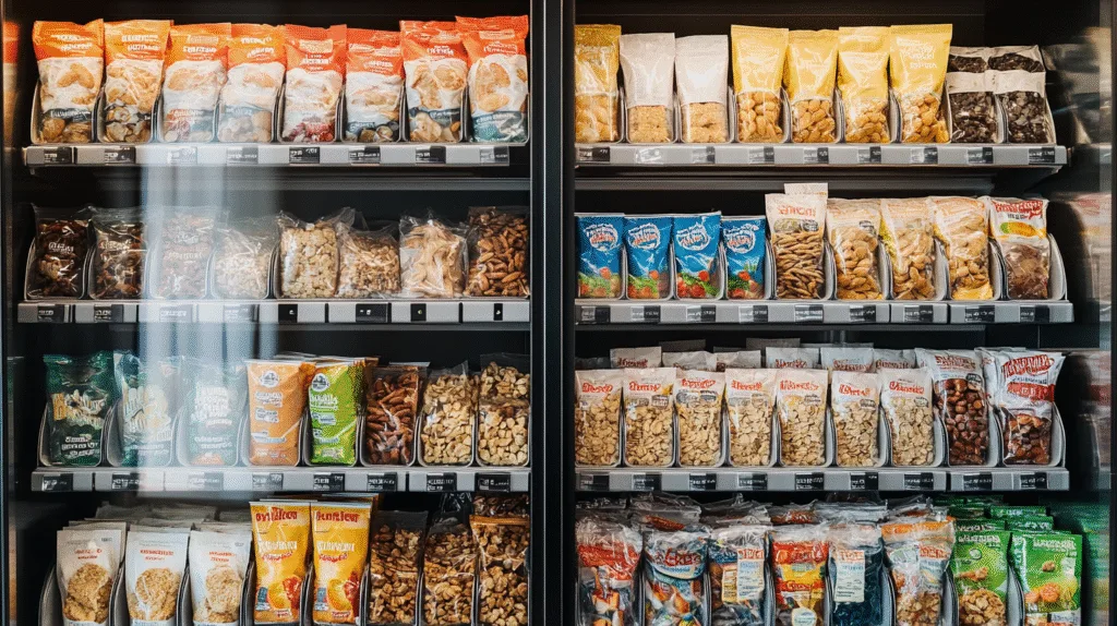 Healthy vending machine stocked with packaged snacks including mixed nuts, dried fruits, granola, veggie chips, protein snacks, and trail mix in colorful packaging.