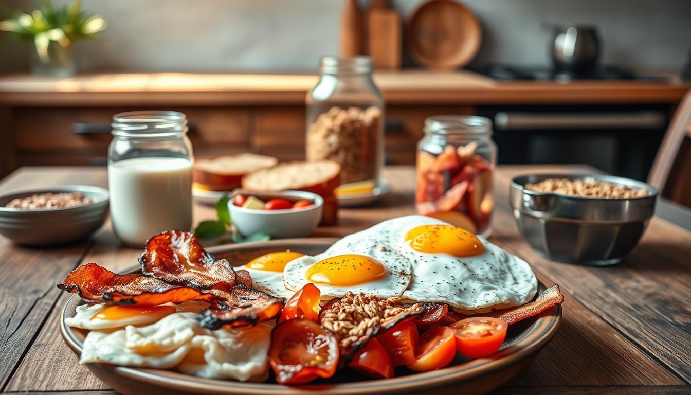 A high-protein breakfast plate with fried eggs, crispy bacon, cherry tomatoes, and granola, served alongside bowls of cereal, milk, and fresh fruit in a cozy kitchen setting.