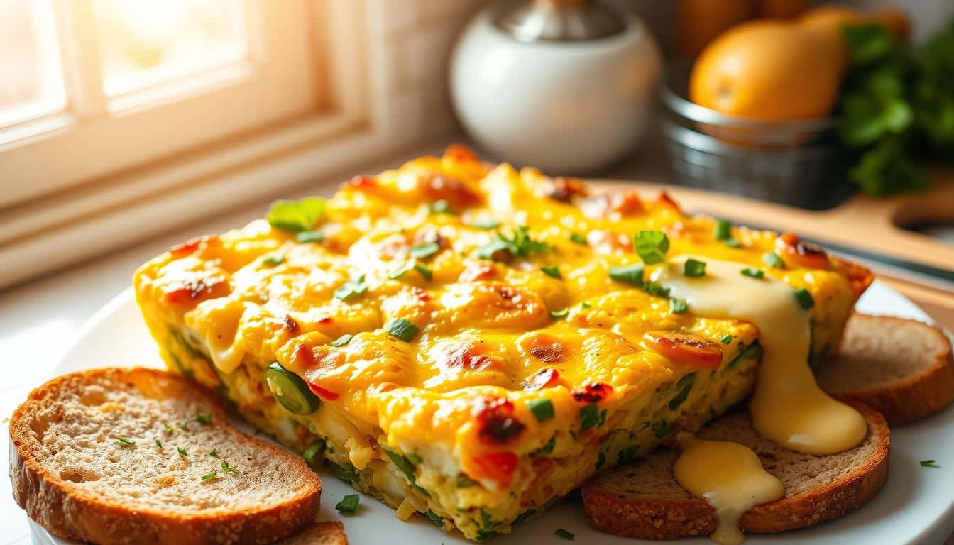 A freshly baked gluten-free breakfast casserole with melted cheese, vegetables, and herbs, served with slices of gluten-free bread on a white plate.