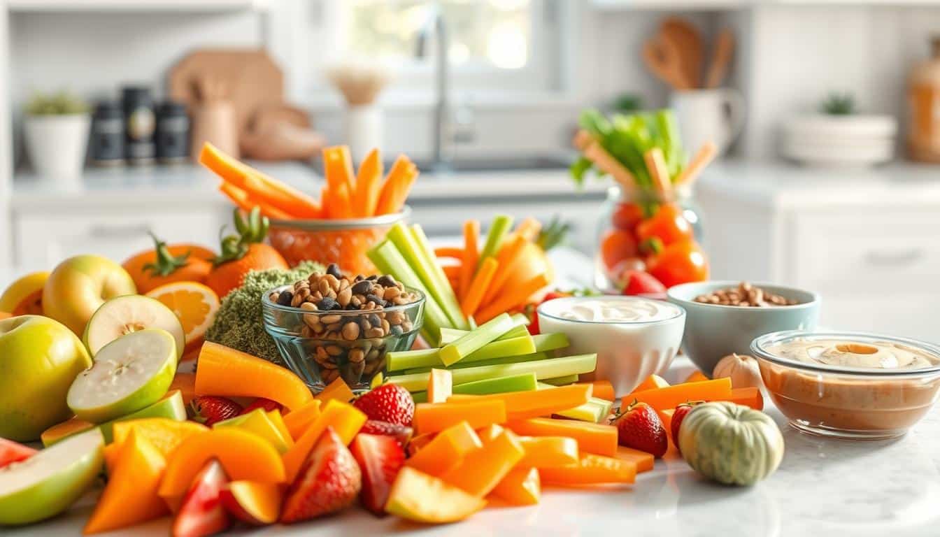 A colorful assortment of fresh vegetables, fruits, and dried fruits arranged on a wooden board, perfect for a healthy snack.