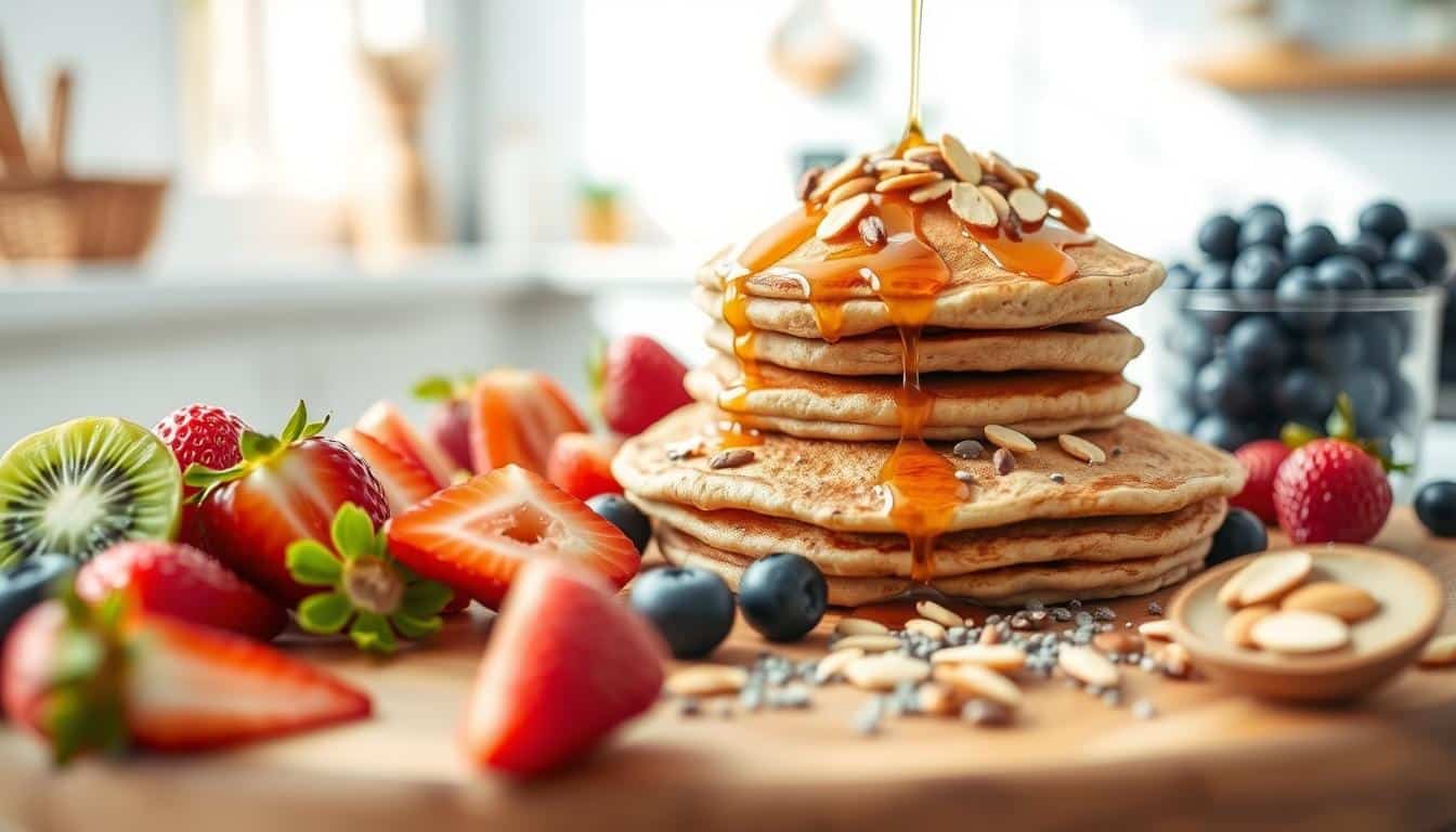 A stack of fluffy pancakes drizzled with maple syrup, topped with fresh strawberries and blueberries, perfect for a sweet breakfast.