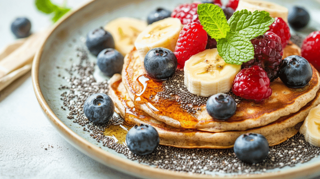 Close-up of sweet breakfast pancakes topped with banana slices, blueberries, raspberries, chia seeds, honey drizzle, and fresh mint leaves on a ceramic plate.