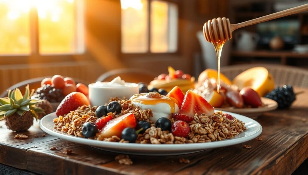 A nutritious weight loss breakfast featuring a plate of granola topped with fresh red fruits.