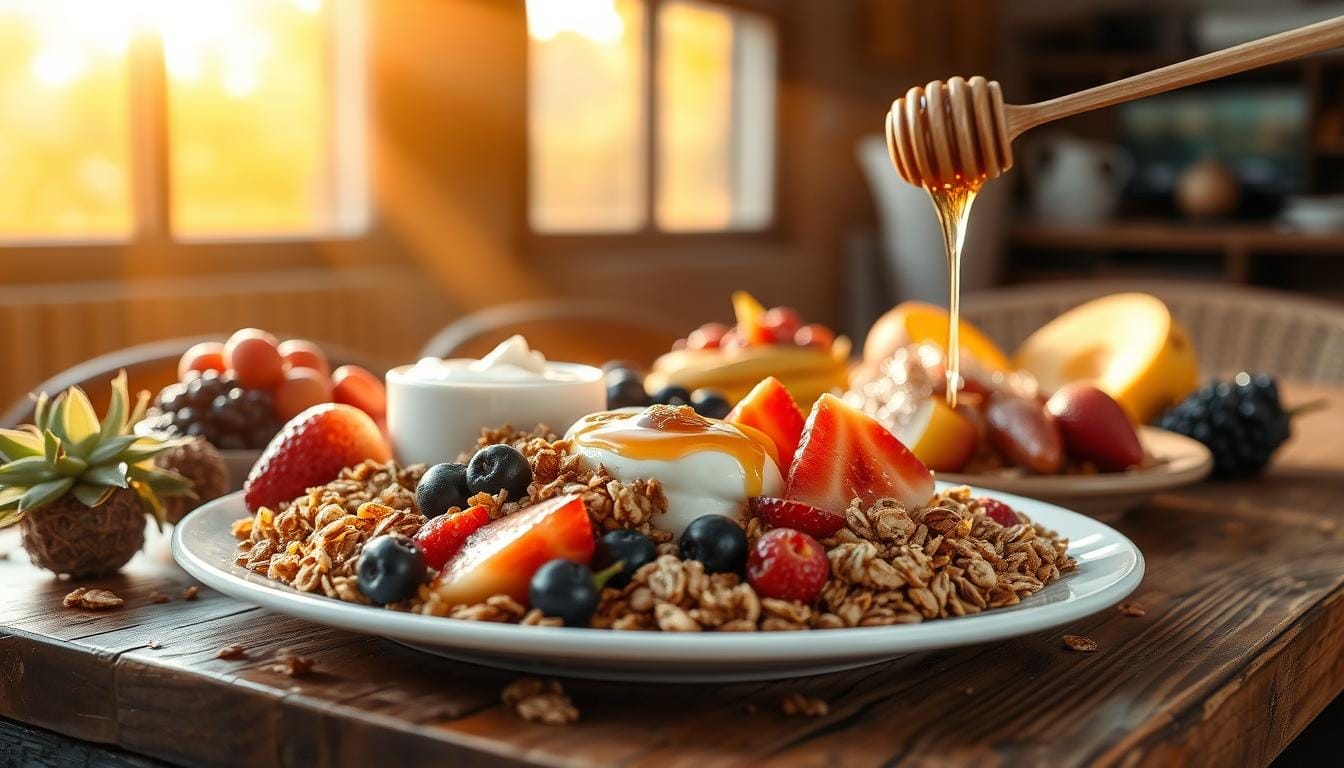 A nutritious weight loss breakfast featuring a plate of granola topped with fresh red fruits.