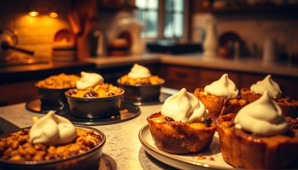 A cozy, dimly-lit kitchen with a warm, inviting atmosphere. On the counter, an array of freshly baked desserts - steaming apple crumble, decadent molten chocolate cakes, and comforting bread pudding, each topped with a dollop of creamy vanilla ice cream. The aroma of cinnamon and caramelized sugar fills the air, creating a sense of comfort and indulgence. Soft, diffused lighting casts a golden glow over the scene, highlighting the rich, velvety textures of the desserts. The composition is balanced, with the desserts taking center stage, surrounded by a blurred, out-of-focus background that suggests a cozy, intimate setting. The overall mood is one of warmth, coziness, and the pure pleasure of indulging in a delightful, comforting treat on a chilly evening. A cozy, dimly-lit kitchen with a warm, inviting atmosphere. On the counter, an array of freshly baked desserts - steaming apple crumble, decadent molten chocolate cakes, and comforting bread pudding, each topped with a dollop of creamy vanilla ice cream. The aroma of cinnamon and caramelized sugar fills the air, creating a sense of comfort and indulgence. Soft, diffused lighting casts a golden glow over the scene, highlighting the rich, velvety textures of the desserts. The composition is balanced, with the desserts taking center stage, surrounded by a blurred, out-of-focus background that suggests a cozy, intimate setting. The overall mood is one of warmth, coziness, and the pure pleasure of indulging in a delightful, comforting treat on a chilly evening.