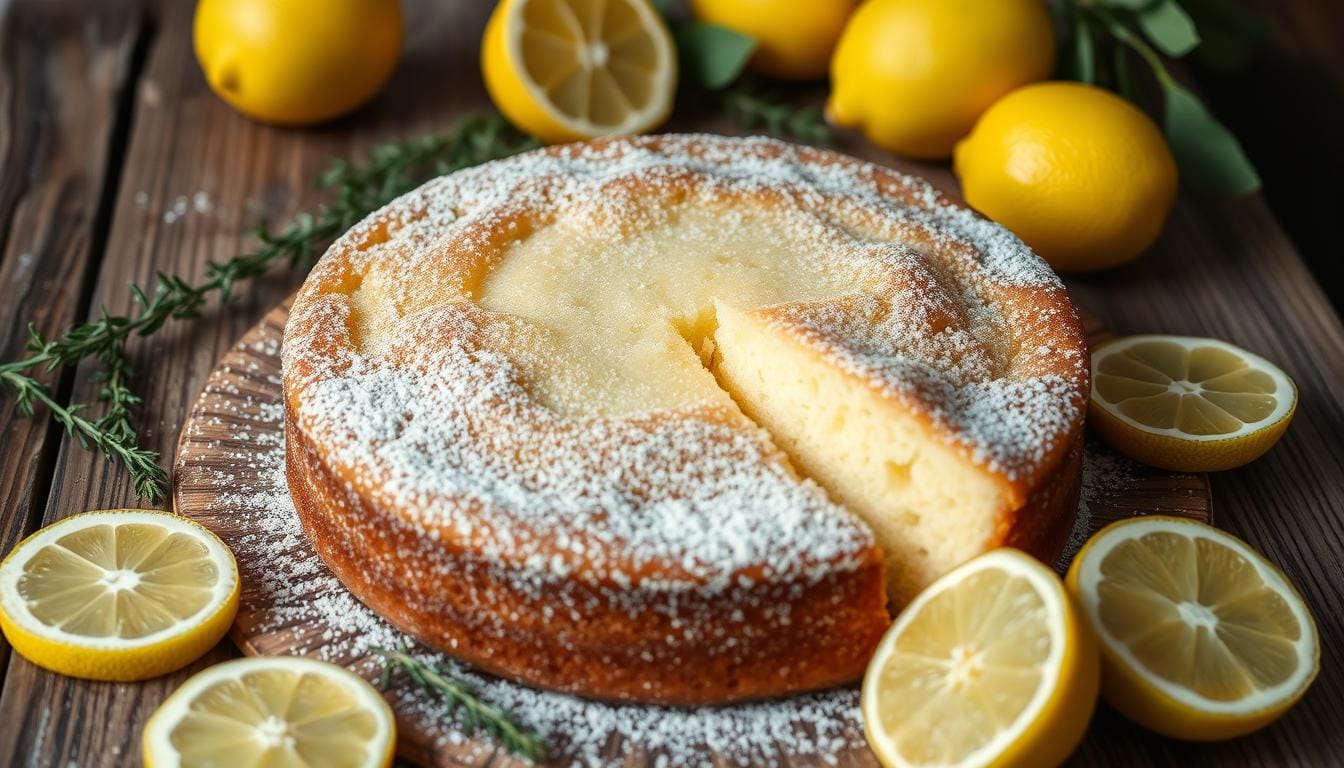 A deliciously moist and light lemon ricotta cake, with a golden brown top and a dusting of powdered sugar. The cake is positioned on a rustic wooden table, surrounded by fresh lemon slices and sprigs of thyme, creating a natural, earthy composition. Soft, diffused lighting from the side gently illuminates the cake's texture and highlights the fluffy, airy crumb. The scene evokes a sense of warmth, simplicity, and the refreshing essence of a lighter, brighter lemon dessert.