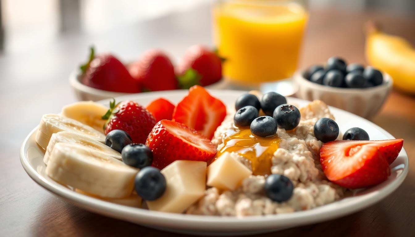 A nutritious breakfast spread for a toddler, featuring a variety of wholesome, colorful foods. In the foreground, a plate holds sliced bananas, strawberries, and bite-sized pieces of scrambled eggs. In the middle ground, a small bowl overflows with creamy oatmeal, topped with blueberries and a drizzle of honey. In the background, a glass of freshly squeezed orange juice casts a warm, golden glow over the scene. The lighting is soft and natural, creating a cozy, inviting atmosphere. The composition is balanced and visually appealing, showcasing the importance of a healthy, well-rounded breakfast for a toddler's physical and cognitive development.