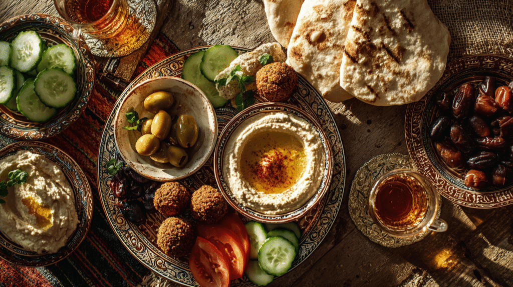 Traditional Arabic breakfast with hummus, falafel, olives, pita bread, dates, cucumber slices, and mint tea on a rustic table.