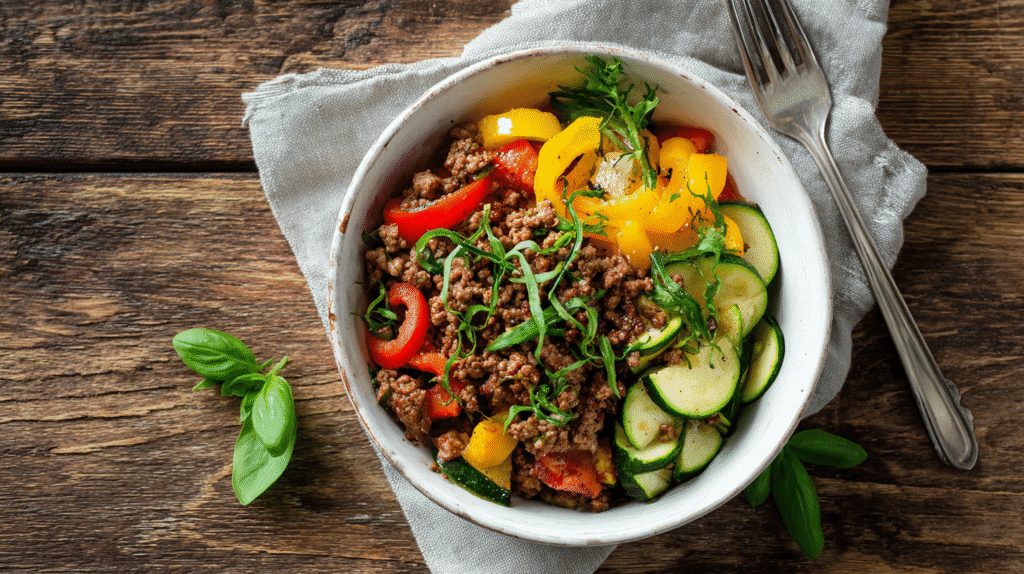 Bowl of vegetables and lean beef with herbs, perfect for healthy ground beef recipes.