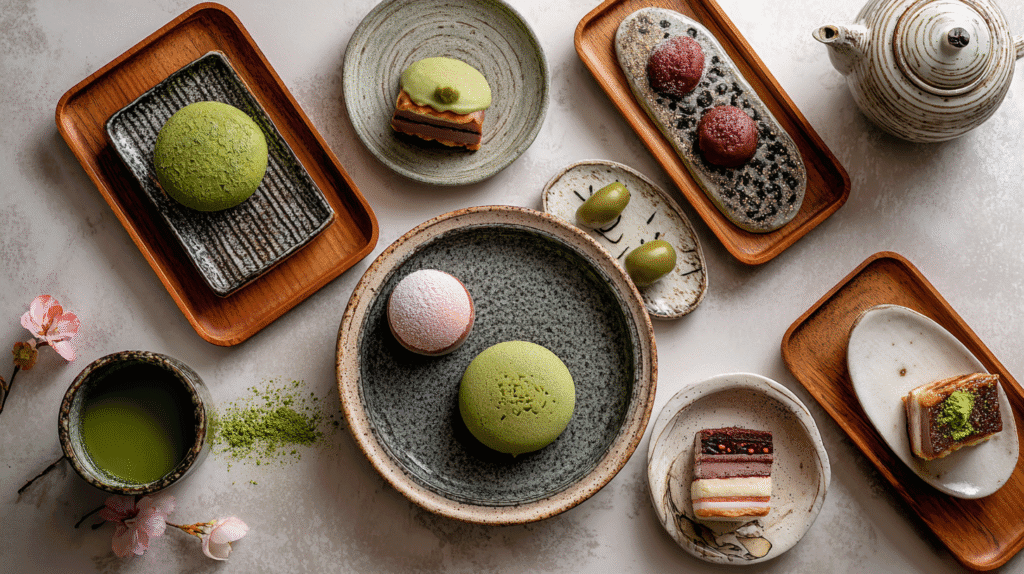 Assortment of colorful Japanese desserts including matcha sponge cake, red bean mochi, layered confections, and wagashi, beautifully arranged with matcha tea and cherry blossoms.
