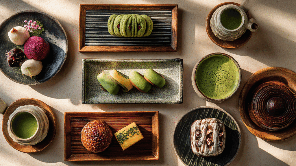 Assortment of traditional Japanese desserts like mochi, matcha cookies, dorayaki, and yokan served on ceramic plates with matcha tea in a minimalist setting.