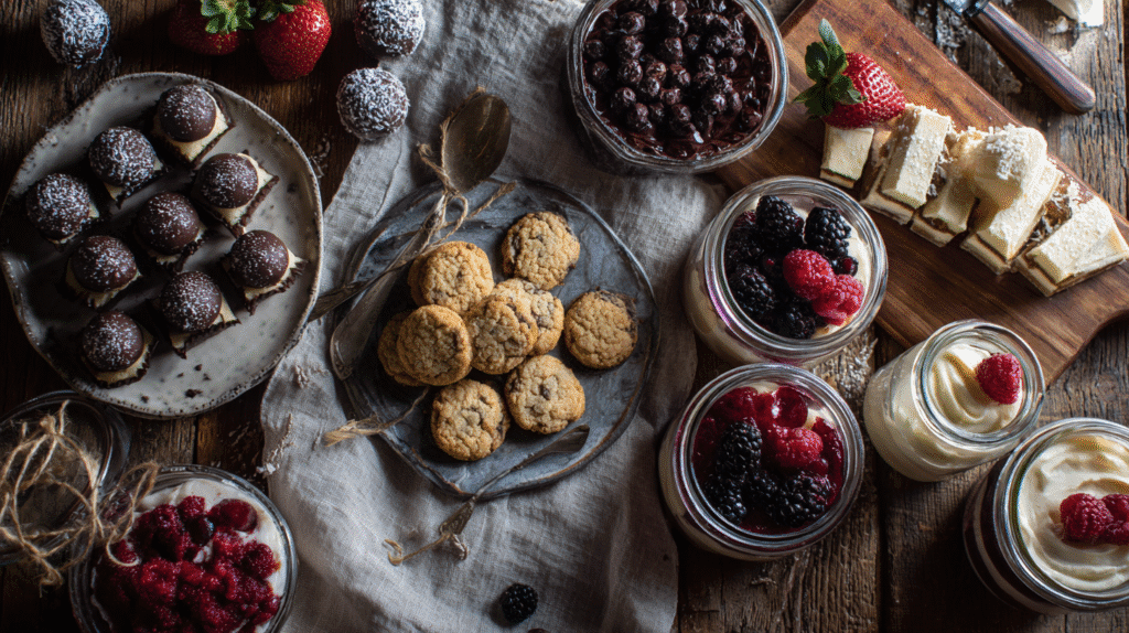 Low carb dessert recipes including chocolate truffles, almond cookies, berry parfaits, and cheesecake bars served in rustic jars and plates on a wooden table.
