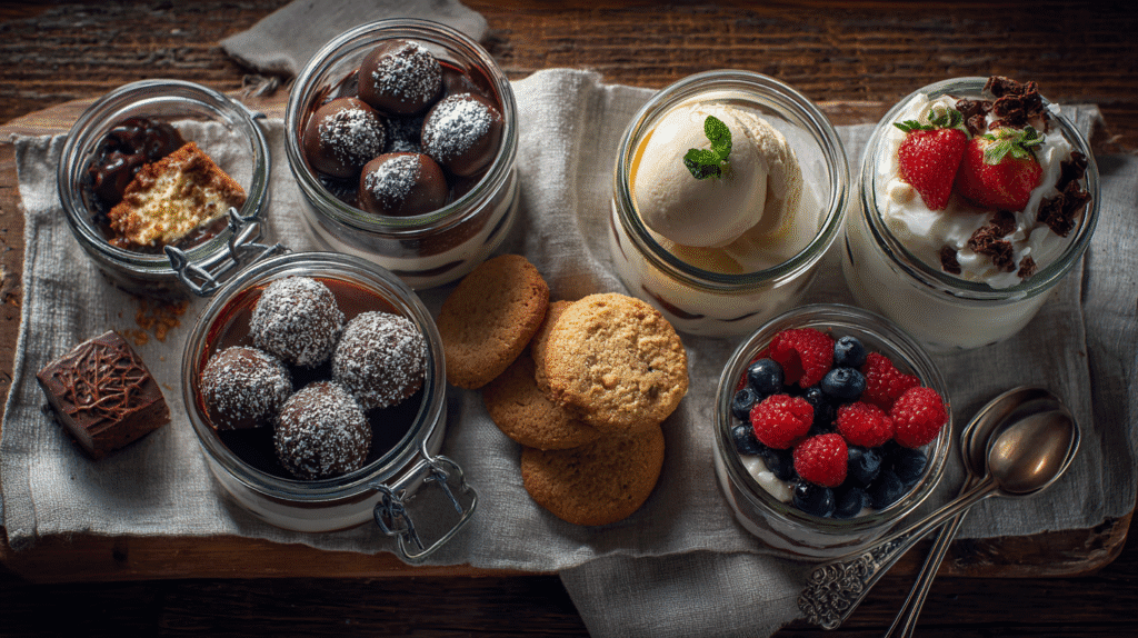Assorted low carb dessert recipes in glass jars featuring chocolate truffles, whipped cream with berries, almond cookies, and vanilla ice cream on a rustic tray.