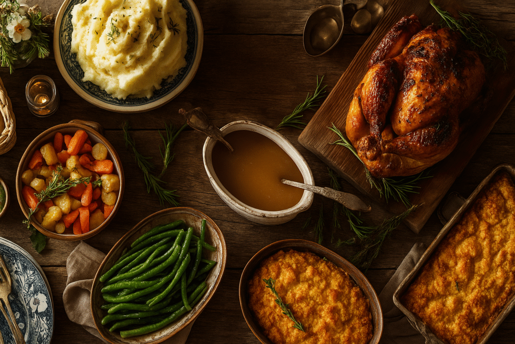 Rustic table filled with traditional Sunday dinner ideas including golden roast chicken, creamy mashed potatoes, green beans, gravy, cornbread casserole, and roasted vegetables, all styled with fresh herbs.