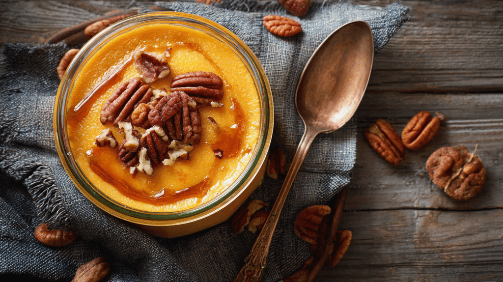 Sweet Potato Pudding topped with maple syrup and crunchy pecans, served in a glass jar on rustic fabric and wooden table