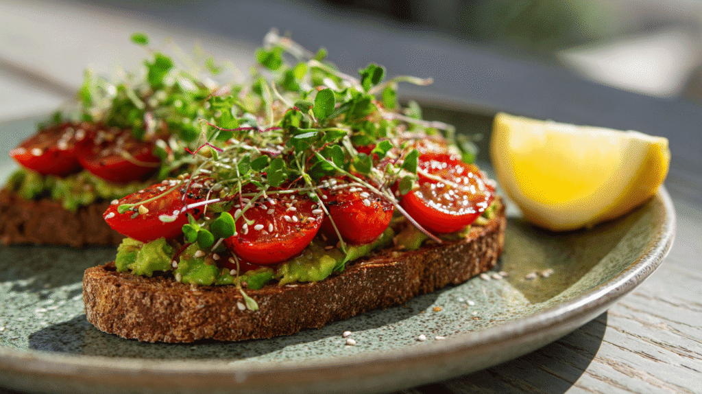 Close-up of a vegan avocado toast with cherry tomatoes, microgreens, and sesame seeds, served with a lemon wedge on a rustic green plate.