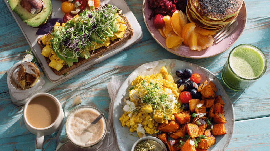 A vibrant flat lay of colorful vegan brunch dishes, including avocado toast, tofu scramble, roasted sweet potatoes, fresh fruit, and green juice on a blue wooden table.