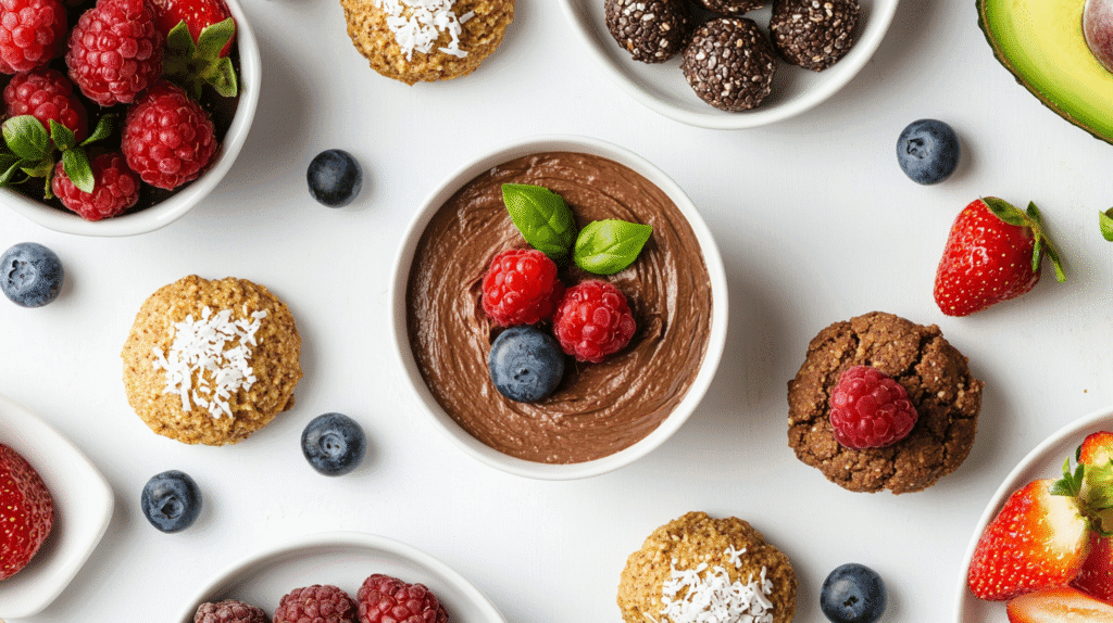 Flat lay of assorted vegan desserts including chocolate avocado mousse topped with berries, almond butter cookies with shredded coconut, chocolate energy balls, and fresh berries on a white background.