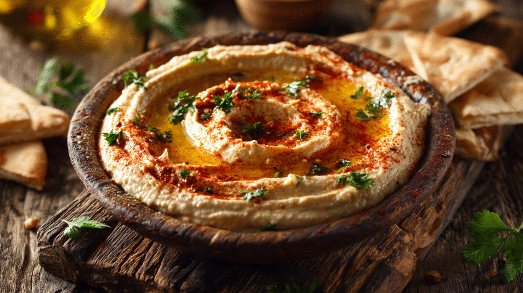 Close-up of creamy hummus topped with olive oil, paprika, and parsley, served with pita bread — part of a traditional Arabic breakfast.