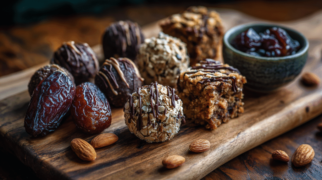 Date recipes with whole Medjool dates, oat-covered date energy balls, chocolate-drizzled date bars, and a small bowl of date paste, served on a rustic wooden board with almonds.