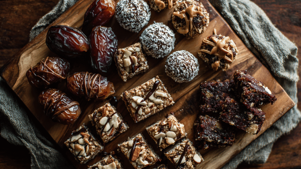 Date recipes including stuffed Medjool dates with chocolate drizzle, coconut date energy balls, nut and oat date bars, and rich date brownies on a rustic wooden board.