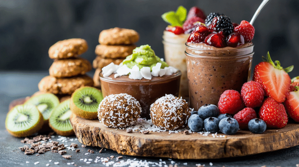 Close-up of assorted vegan desserts on a rustic wooden board, featuring chocolate avocado mousse, chia pudding with berries, coconut energy balls, almond butter cookies, kiwi slices, strawberries, raspberries, and blueberries.