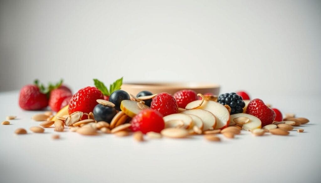 A beautifully lit close-up of a delectable clean eating snack, set against a minimalist white background. In the foreground, a carefully arranged selection of fresh, vibrant ingredients - juicy berries, crisp sliced apples, and crunchy almond slivers. The lighting highlights the natural textures and colors, creating a sense of freshness and vitality. In the middle ground, a simple yet elegant ceramic dish or wooden board showcases the artfully presented snack. The overall mood is one of understated elegance, wellness, and nourishment, perfectly capturing the essence of an unexpected, yet delightful healthy treat. A beautifully lit close-up of a delectable clean eating snack, set against a minimalist white background. In the foreground, a carefully arranged selection of fresh, vibrant ingredients - juicy berries, crisp sliced apples, and crunchy almond slivers. The lighting highlights the natural textures and colors, creating a sense of freshness and vitality. In the middle ground, a simple yet elegant ceramic dish or wooden board showcases the artfully presented snack. The overall mood is one of understated elegance, wellness, and nourishment, perfectly capturing the essence of an unexpected, yet delightful healthy treat.
