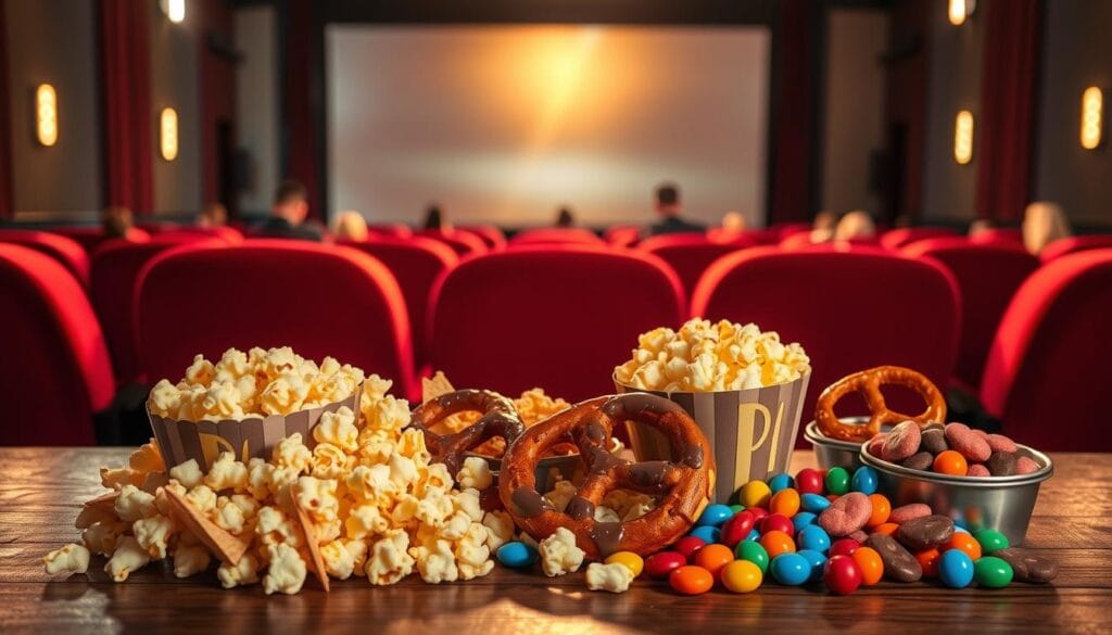 A mouth-watering array of classic movie snacks set against a cozy, dimly lit theater backdrop. In the foreground, an array of buttery popcorn, gooey chocolate-dipped pretzels, and vibrant candy in an array of colors. Placed strategically on a vintage wooden table, the snacks are illuminated by soft, warm lighting that casts a romantic glow. In the middle ground, the velvet-red seats and shadowy silhouettes of eager moviegoers create an immersive cinematic atmosphere. The background features the faint outline of a silver movie screen, hinting at the thrilling film about to commence. This image evokes the nostalgic allure of the perfect movie-going experience, where delectable treats enhance the magic unfolding on the big screen.