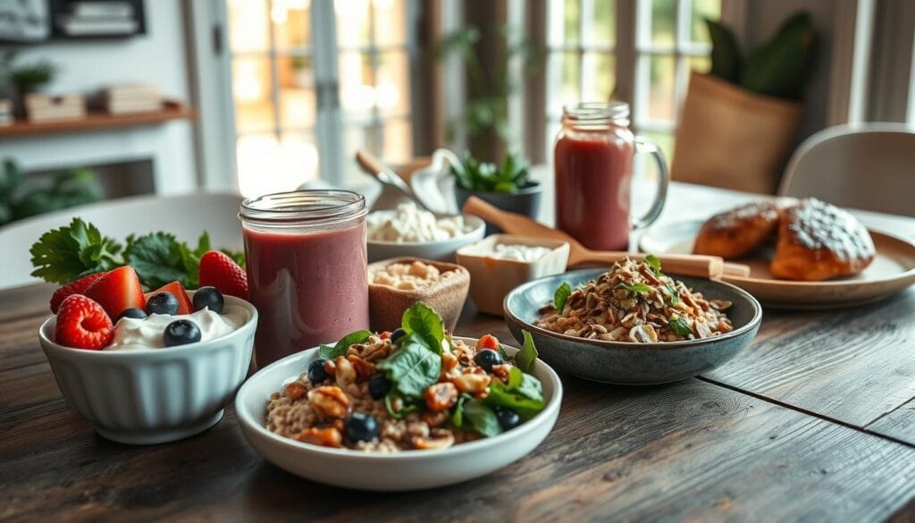 A sumptuous high-protein breakfast scene on a rustic wooden table. In the foreground, a colorful array of nourishing options such as Greek yogurt with fresh berries, a protein smoothie with leafy greens, and a bowl of oatmeal topped with nuts and seeds. In the middle ground, a selection of protein-rich foods like cottage cheese, nut butter, and grilled chicken breast. The background features natural lighting filtering through large windows, casting a warm glow over the scene. The overall atmosphere is one of health, vitality, and the perfect start to a productive day. A sumptuous high-protein breakfast scene on a rustic wooden table. In the foreground, a colorful array of nourishing options such as Greek yogurt with fresh berries, a protein smoothie with leafy greens, and a bowl of oatmeal topped with nuts and seeds. In the middle ground, a selection of protein-rich foods like cottage cheese, nut butter, and grilled chicken breast. The background features natural lighting filtering through large windows, casting a warm glow over the scene. The overall atmosphere is one of health, vitality, and the perfect start to a productive day.