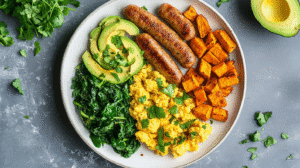 Breakfast chicken sausage with scrambled eggs, sautéed spinach, roasted sweet potatoes, and avocado slices on a plate.