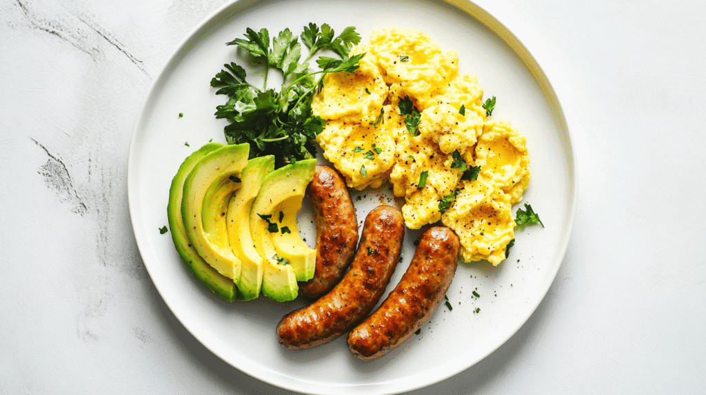 High-angle shot of a delicious breakfast dish featuring grilled chicken sausages, scrambled eggs, roasted potatoes, and fresh herbs against a rustic wooden backdrop. Warm natural lighting casts a cozy glow, highlighting the rich colors and textures of the ingredients. The sausages are perfectly charred, with a juicy interior and a savory, seasoned crust. The fluffy scrambled eggs and crispy potatoes complement the sausage, creating a harmonious and satisfying meal. The overall composition is balanced and inviting, conveying the heartiness and flavor-packed nature of this protein-rich breakfast. Breakfast chicken sausage with scrambled eggs, avocado slices, and fresh parsley on a white plate.
