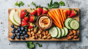 Healthy snack platter with fresh fruits, vegetables, nuts, and hummus on a wooden board.