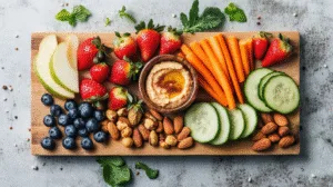 Healthy snack platter with fresh fruits, vegetables, nuts, and hummus on a wooden board.