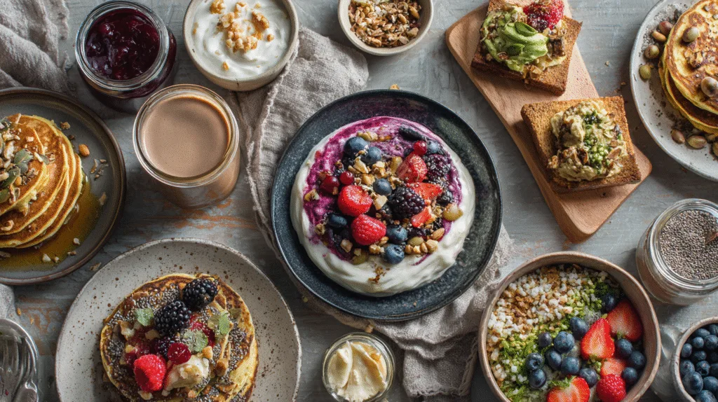 High protein breakfast without eggs featuring yogurt bowls with berries, nut butters, granola toast, and pancakes with seeds on a rustic table.