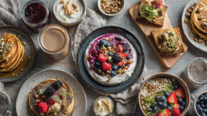 High protein breakfast without eggs featuring yogurt bowls with berries, nut butters, granola toast, and pancakes with seeds on a rustic table.