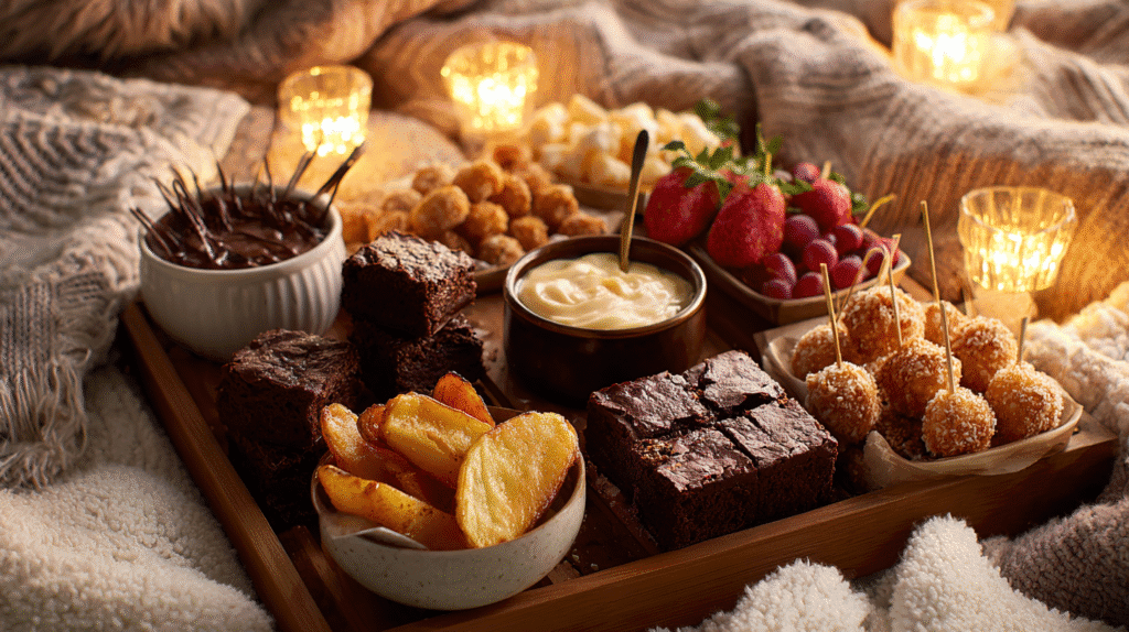 snacks for movie night Cozy snack board for movie night featuring brownies, potato wedges, cheese balls on skewers, fresh strawberries and grapes, chocolate and vanilla dips, all served on a soft blanket with glowing candles in the background.