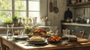 Cozy kitchen table set for Sunday dinner with roasted chicken, mashed potatoes, roasted carrots, fresh salad, and a water carafe, in a rustic farmhouse kitchen with natural sunlight.