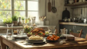 Cozy kitchen table set for Sunday dinner with roasted chicken, mashed potatoes, roasted carrots, fresh salad, and a water carafe, in a rustic farmhouse kitchen with natural sunlight.